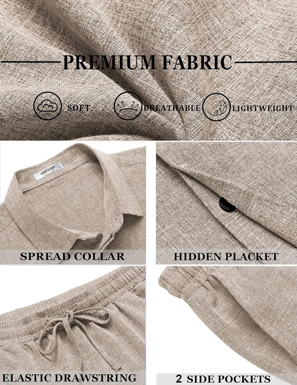 COOFANDY Men's Summer Beach Outfits 2 Piece Short Sleeve Shirts and Shorts Vacation Texture Linen Sets for Men