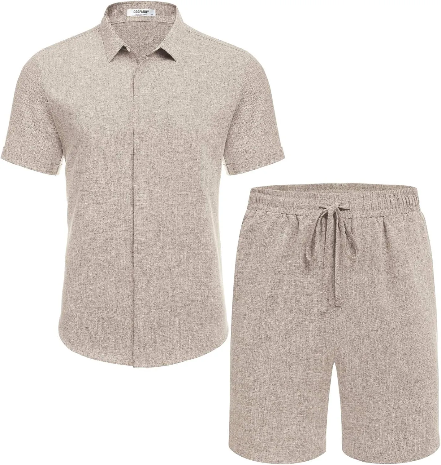 COOFANDY Men's Summer Beach Outfits 2 Piece Short Sleeve Shirts and Shorts Vacation Texture Linen Sets for Men