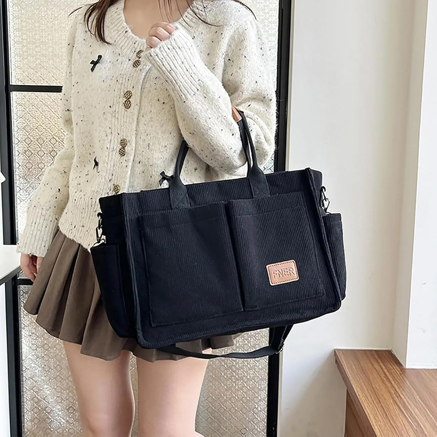 Corduroy Tote Bag with Multi Pocket for Women Crossbody Bag with Pocket Shoulder Purse Everything Tote Bag