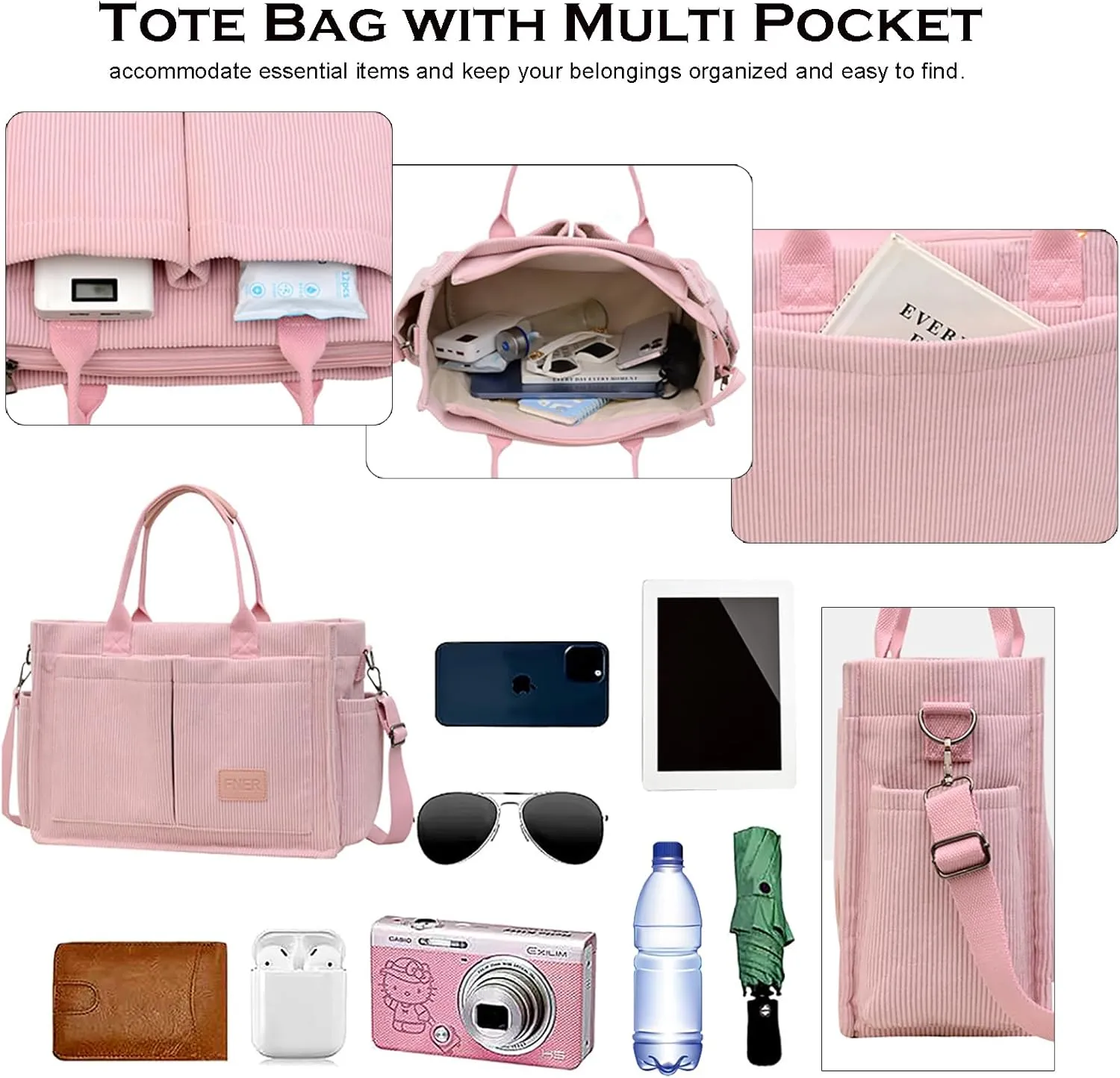 Corduroy Tote Bag with Multi Pocket for Women Crossbody Bag with Pocket Shoulder Purse Everything Tote Bag
