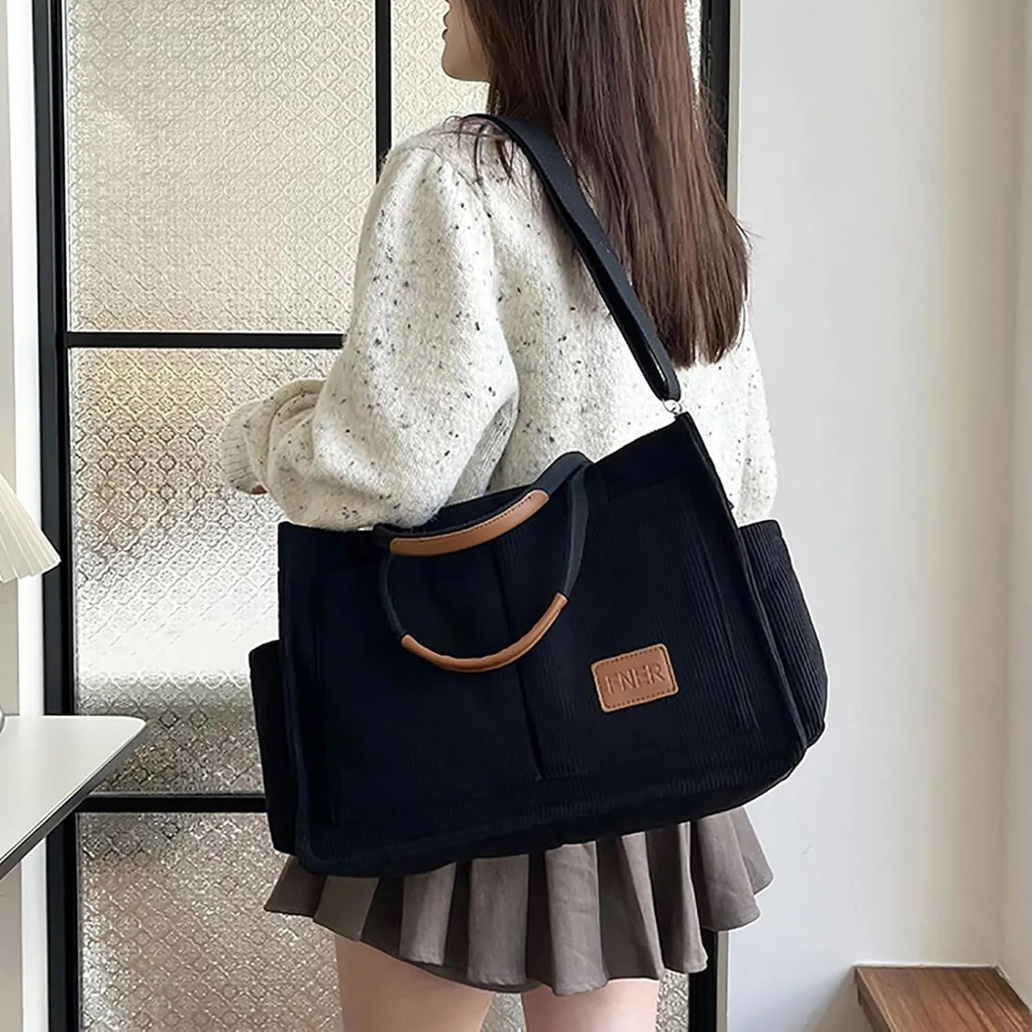 Corduroy Tote Bag with Multi Pocket for Women Crossbody Bag with Pocket Shoulder Purse Everything Tote Bag
