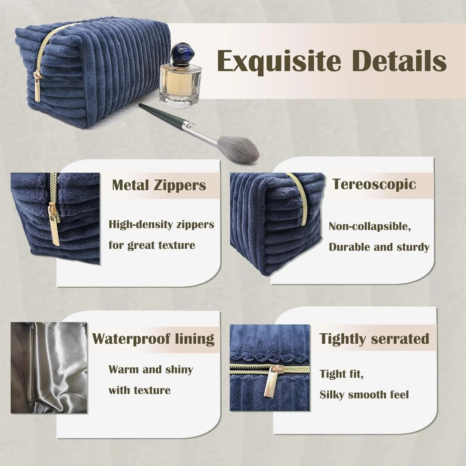 Cosmetic Bag for Purse, Corduroy Makeup Bag for Women Toiletry Bag Small Travel Makeup Bag Cute Makeup Bags Skincare Bag Makeup Pouch Organizer, Blue