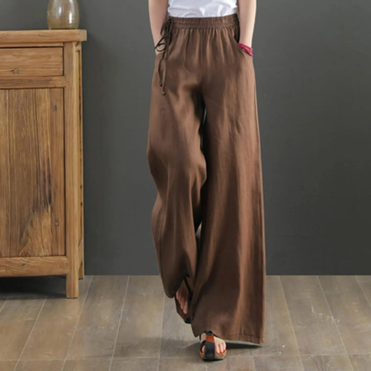 Cotton Linen Long Pants for Women Baggy High Waist Trousers Solid Gaucho Pant Boho Travel Beach Vacation Outfit 2025
