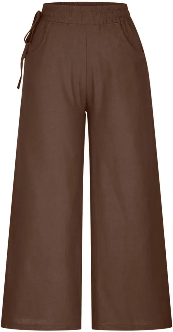 Cotton Linen Long Pants for Women Baggy High Waist Trousers Solid Gaucho Pant Boho Travel Beach Vacation Outfit 2025