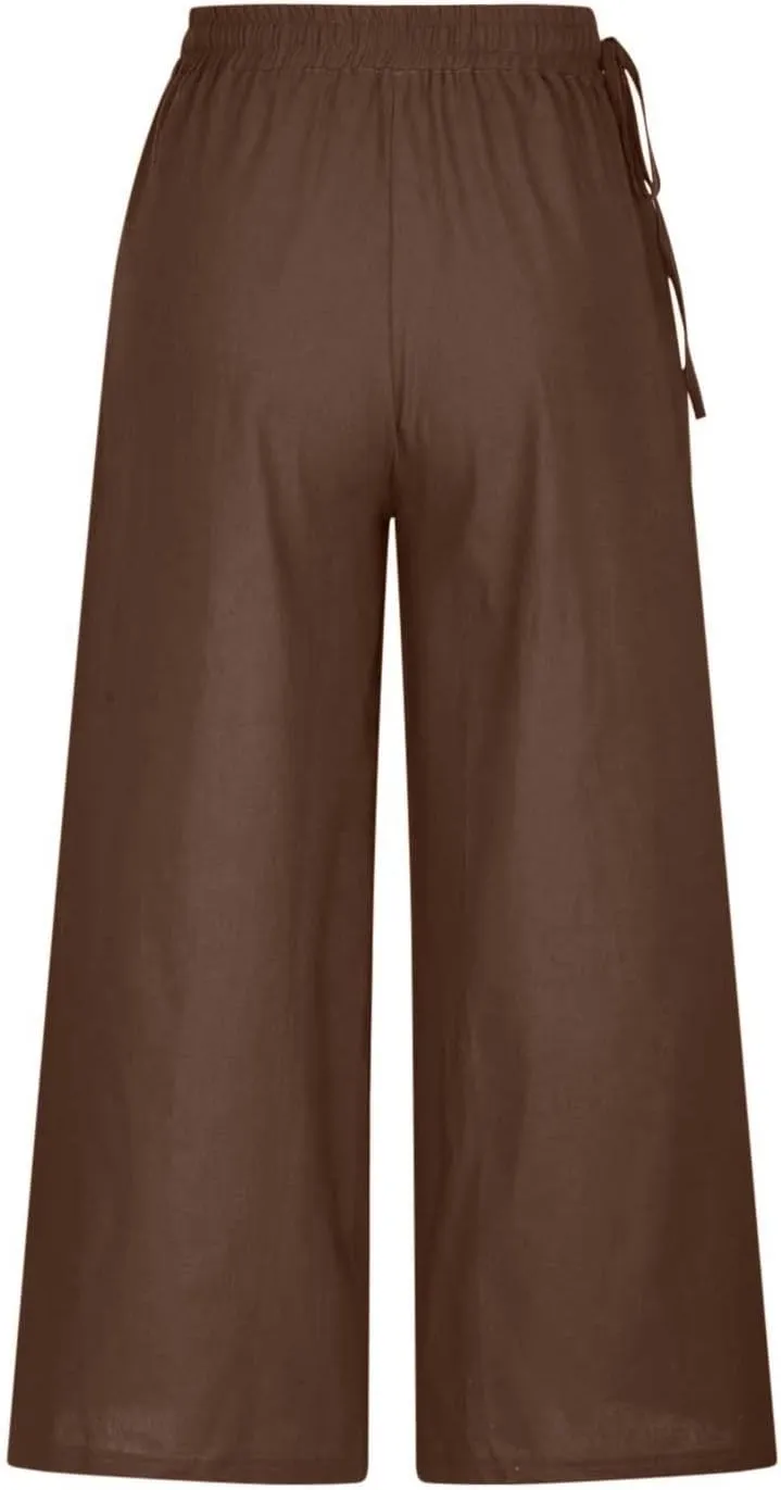 Cotton Linen Long Pants for Women Baggy High Waist Trousers Solid Gaucho Pant Boho Travel Beach Vacation Outfit 2025