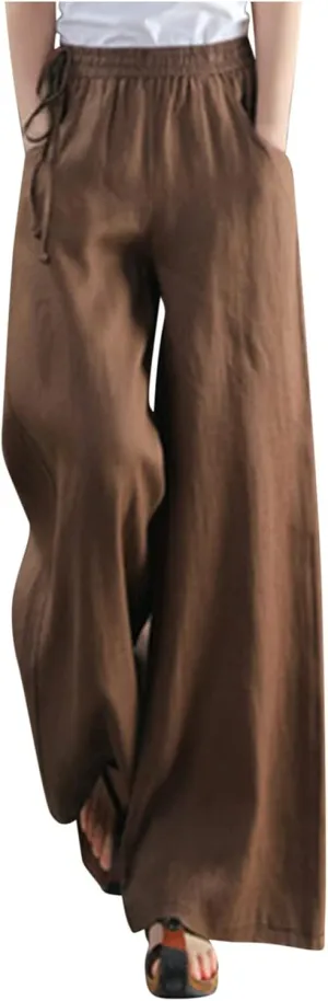 Cotton Linen Long Pants for Women Baggy High Waist Trousers Solid Gaucho Pant Boho Travel Beach Vacation Outfit 2025