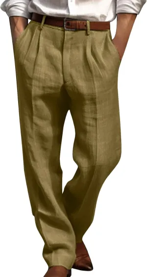 Cotton Linen Pants for Men Pleated Front Trouser Straight Leg Suit Pant Casual Solid Color Office Trousers