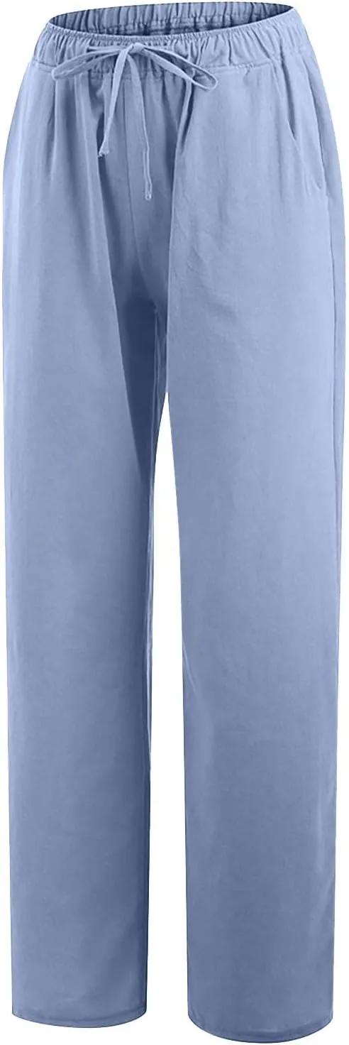 Cotton Linen Pants for Women 2024 Summer Comfy Loose Drawstring High Waist Pants Lightweight Vacation Beach Trousers