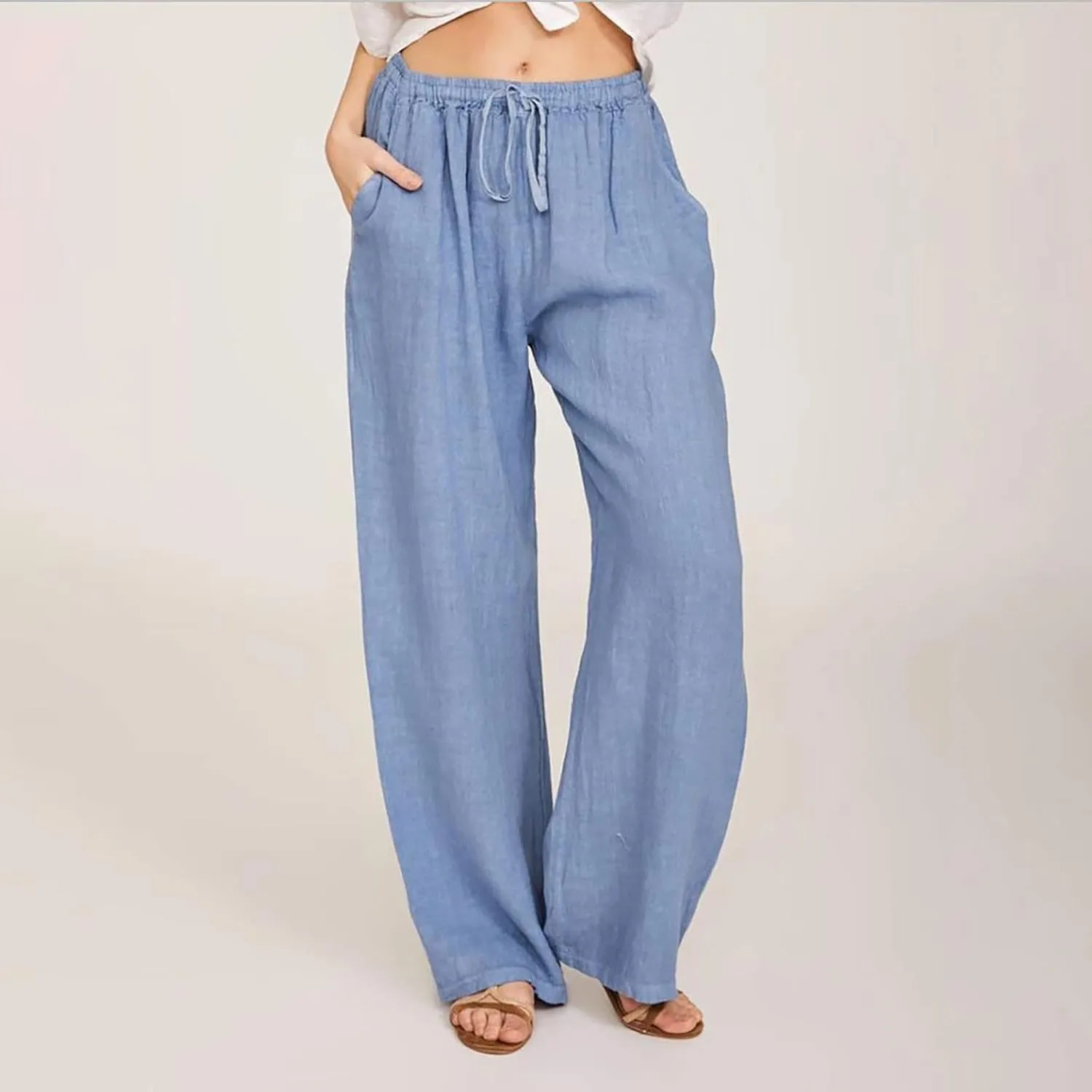 Cotton Linen Pants for Women 2024 Summer Comfy Loose Drawstring High Waist Pants Lightweight Vacation Beach Trousers