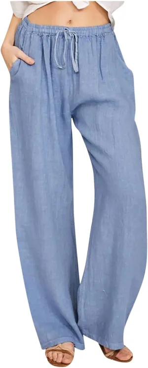 Cotton Linen Pants for Women 2024 Summer Comfy Loose Drawstring High Waist Pants Lightweight Vacation Beach Trousers