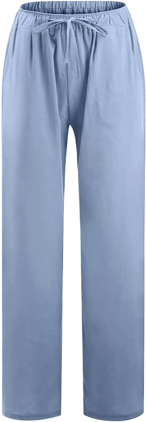 Cotton Linen Pants for Women 2024 Summer Comfy Loose Drawstring High Waist Pants Lightweight Vacation Beach Trousers