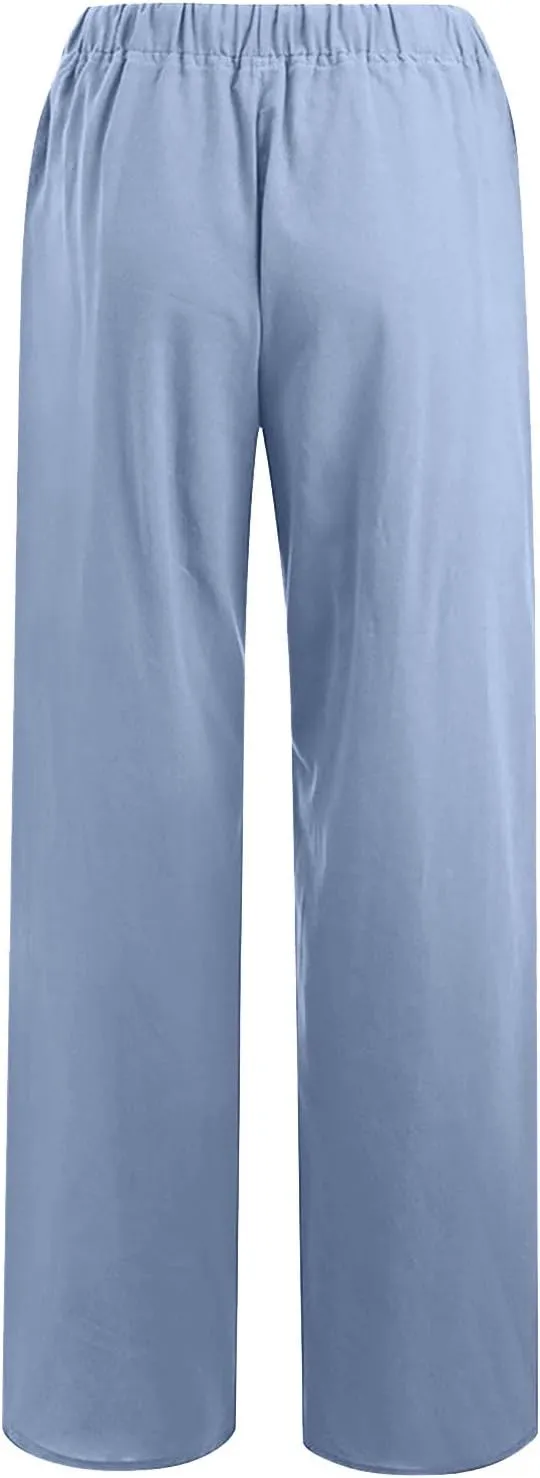 Cotton Linen Pants for Women 2024 Summer Comfy Loose Drawstring High Waist Pants Lightweight Vacation Beach Trousers