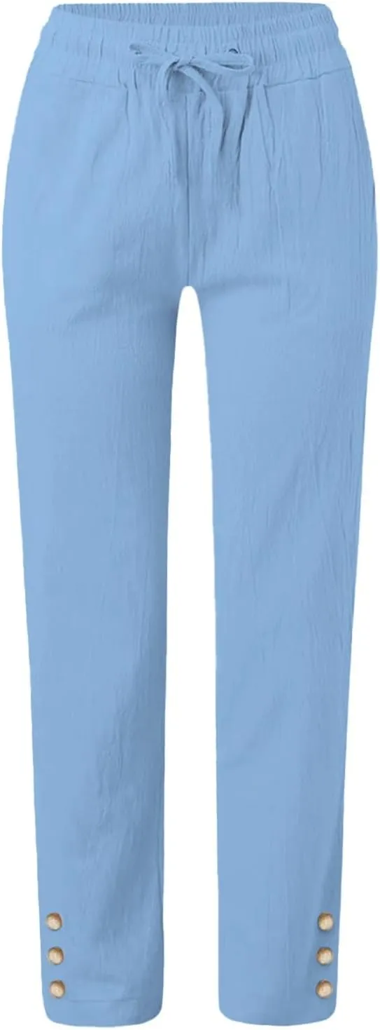 Cotton Linen Pants for Women 2025 Wide Leg Cropped Lounge Trousers Drawstring Elastic Waist Summer Beach Outfits