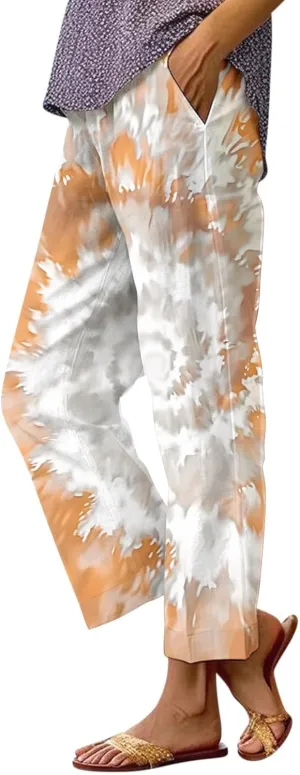 Cotton Linen Pants for Women Summer Retro Floral Cropped Elastic Waist Wide Leg Boho Beach Trouser with Pockets