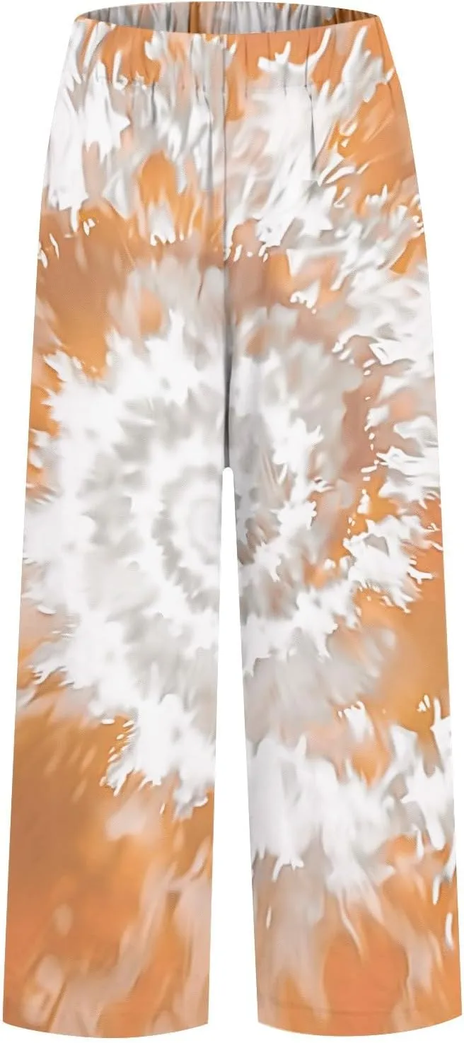 Cotton Linen Pants for Women Summer Retro Floral Cropped Elastic Waist Wide Leg Boho Beach Trouser with Pockets