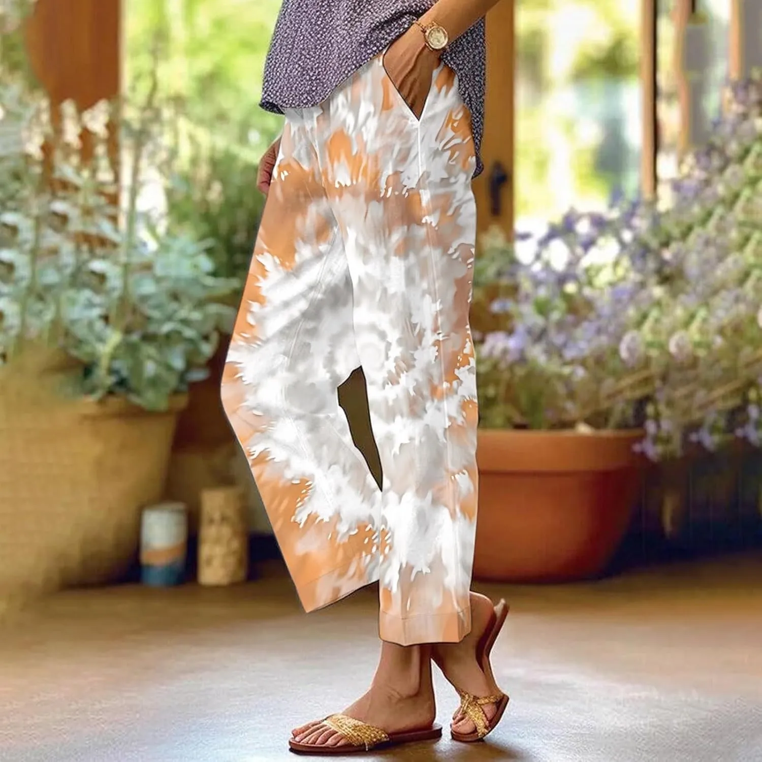 Cotton Linen Pants for Women Summer Retro Floral Cropped Elastic Waist Wide Leg Boho Beach Trouser with Pockets