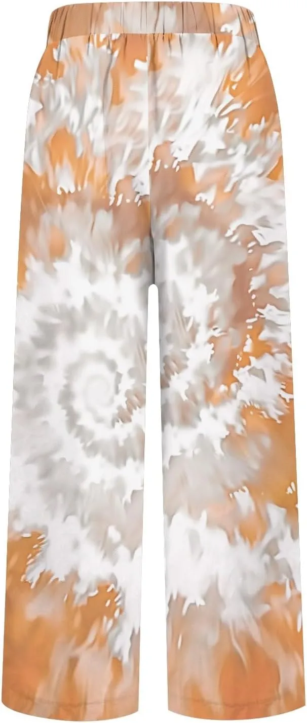 Cotton Linen Pants for Women Summer Retro Floral Cropped Elastic Waist Wide Leg Boho Beach Trouser with Pockets