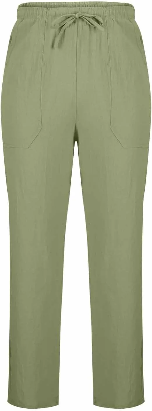 Cotton Linen Pants Men Casual Loose Fit Elastic Drawstring Waist Wide Leg Pant Lightweight Summer Beach Pants Pockets