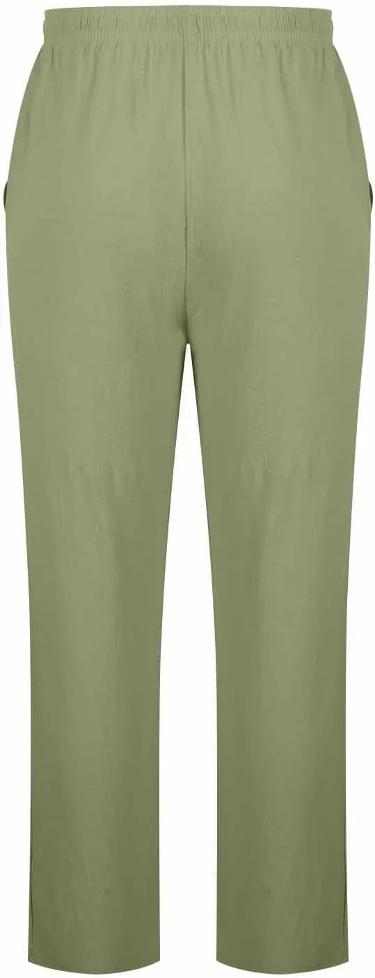 Cotton Linen Pants Men Casual Loose Fit Elastic Drawstring Waist Wide Leg Pant Lightweight Summer Beach Pants Pockets