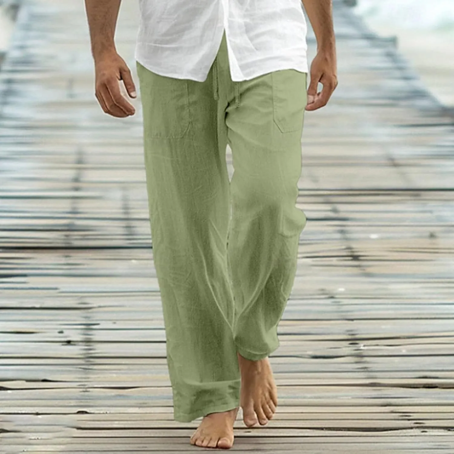 Cotton Linen Pants Men Casual Loose Fit Elastic Drawstring Waist Wide Leg Pant Lightweight Summer Beach Pants Pockets