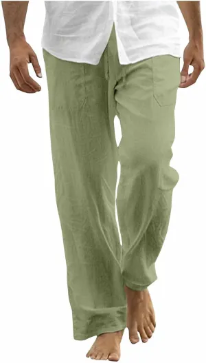 Cotton Linen Pants Men Casual Loose Fit Elastic Drawstring Waist Wide Leg Pant Lightweight Summer Beach Pants Pockets
