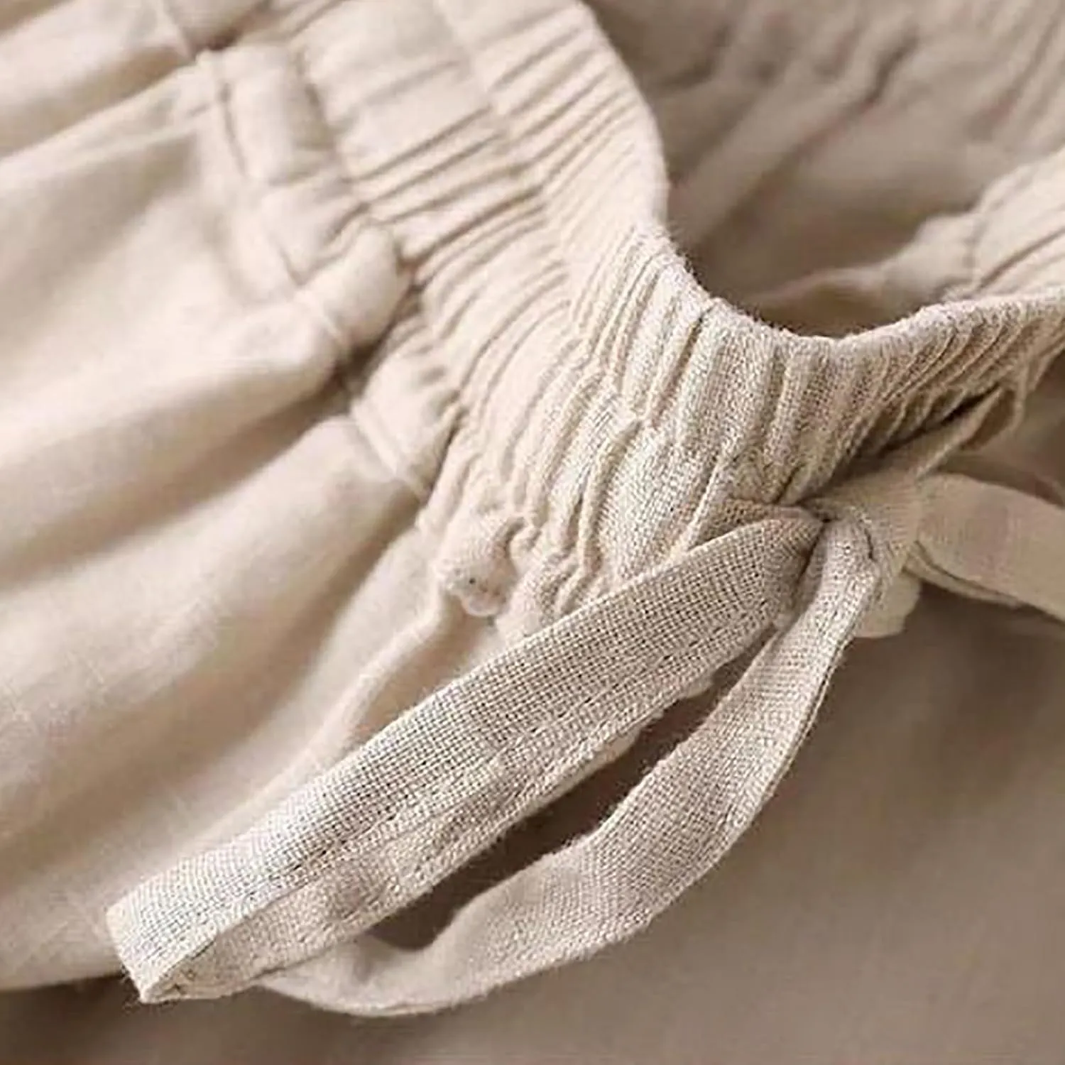 Cotton Linen Pants Women Casual Drawstring Elastic Waist Straight Leg Trousers Solid Color Lounge Pocket Pants