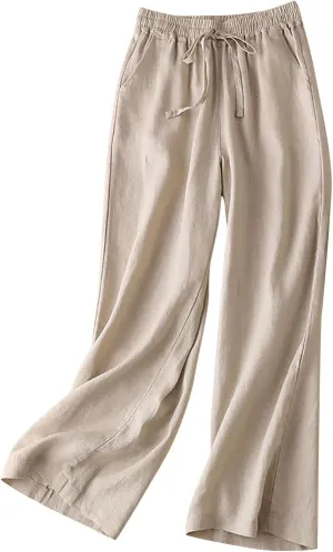 Cotton Linen Pants Women Casual Drawstring Elastic Waist Straight Leg Trousers Solid Color Lounge Pocket Pants