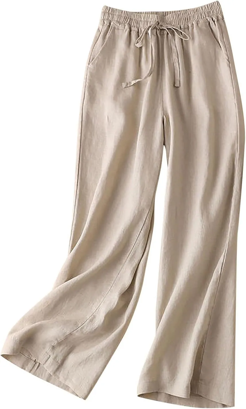 Cotton Linen Pants Women Casual Drawstring Elastic Waist Straight Leg Trousers Solid Color Lounge Pocket Pants