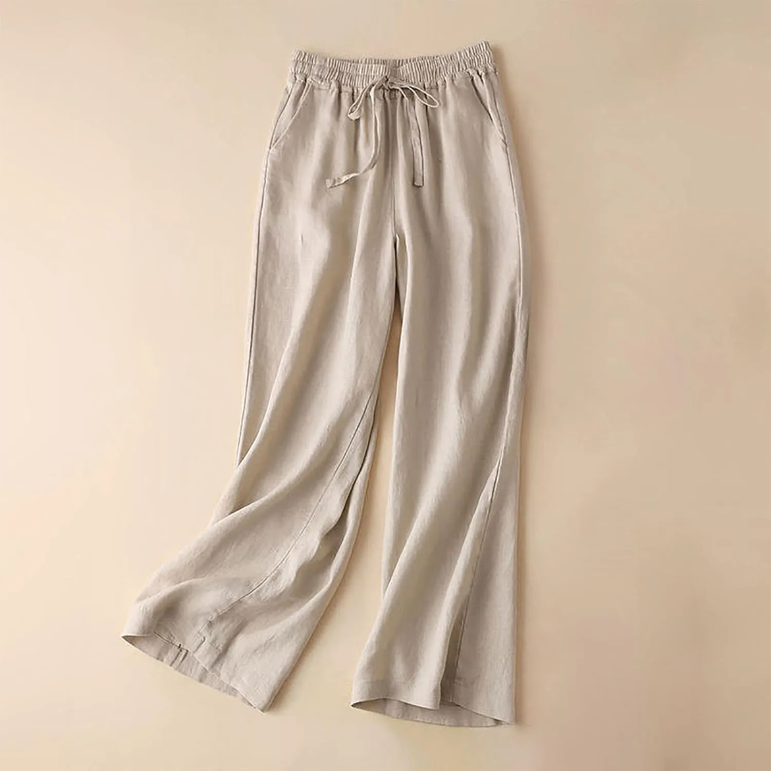 Cotton Linen Pants Women Casual Drawstring Elastic Waist Straight Leg Trousers Solid Color Lounge Pocket Pants