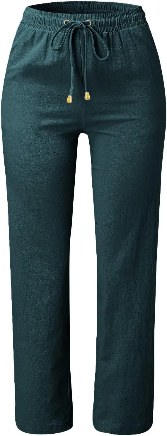 Cotton Linen Pants Women Summer Petite Elastic Waist Solid Lounge Long Trousers Relax Fit Leg White Beach Pant