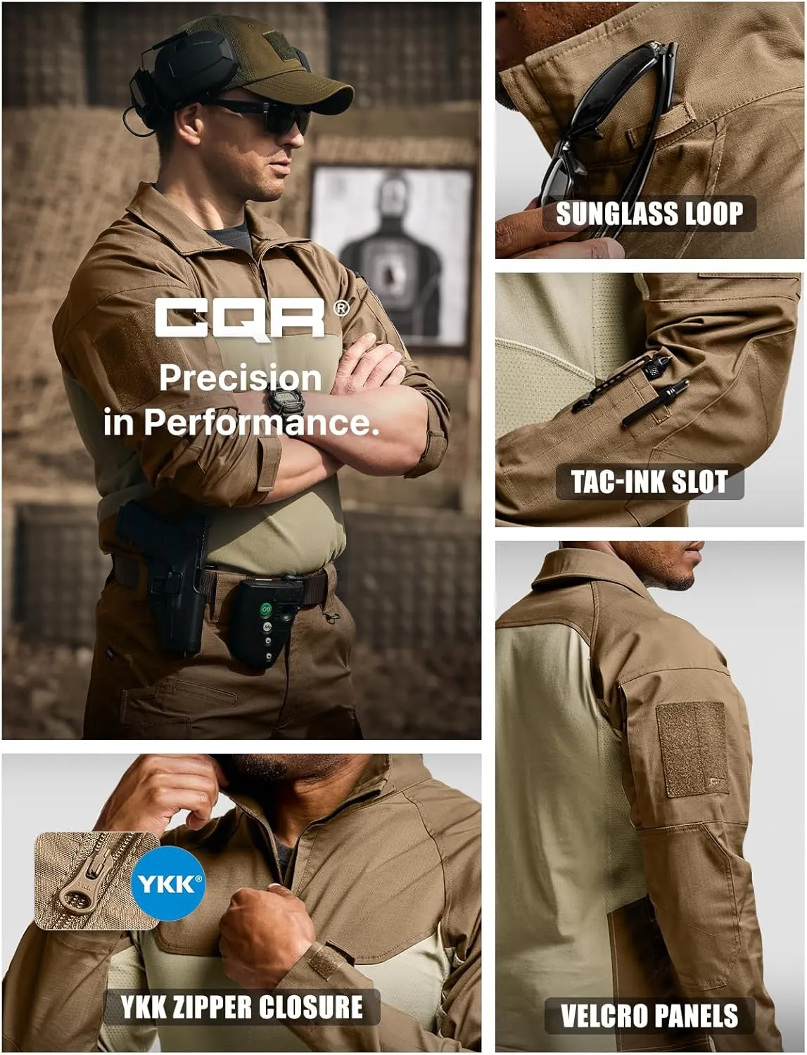 CQR Men's Combat Shirt Tactical 1/4 Zip Long Sleeve Military BDU Shirts Camo EDC Top with Pockets