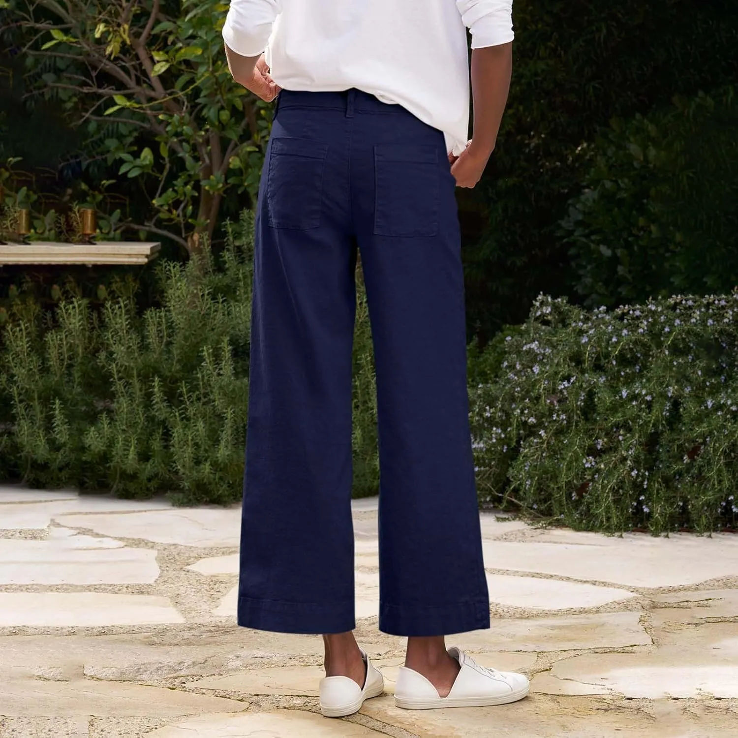 Cropped Wide Leg Pants for Women Business Casual High Waist Linen Pants Elastic Office Button Down Flare Work Trousers