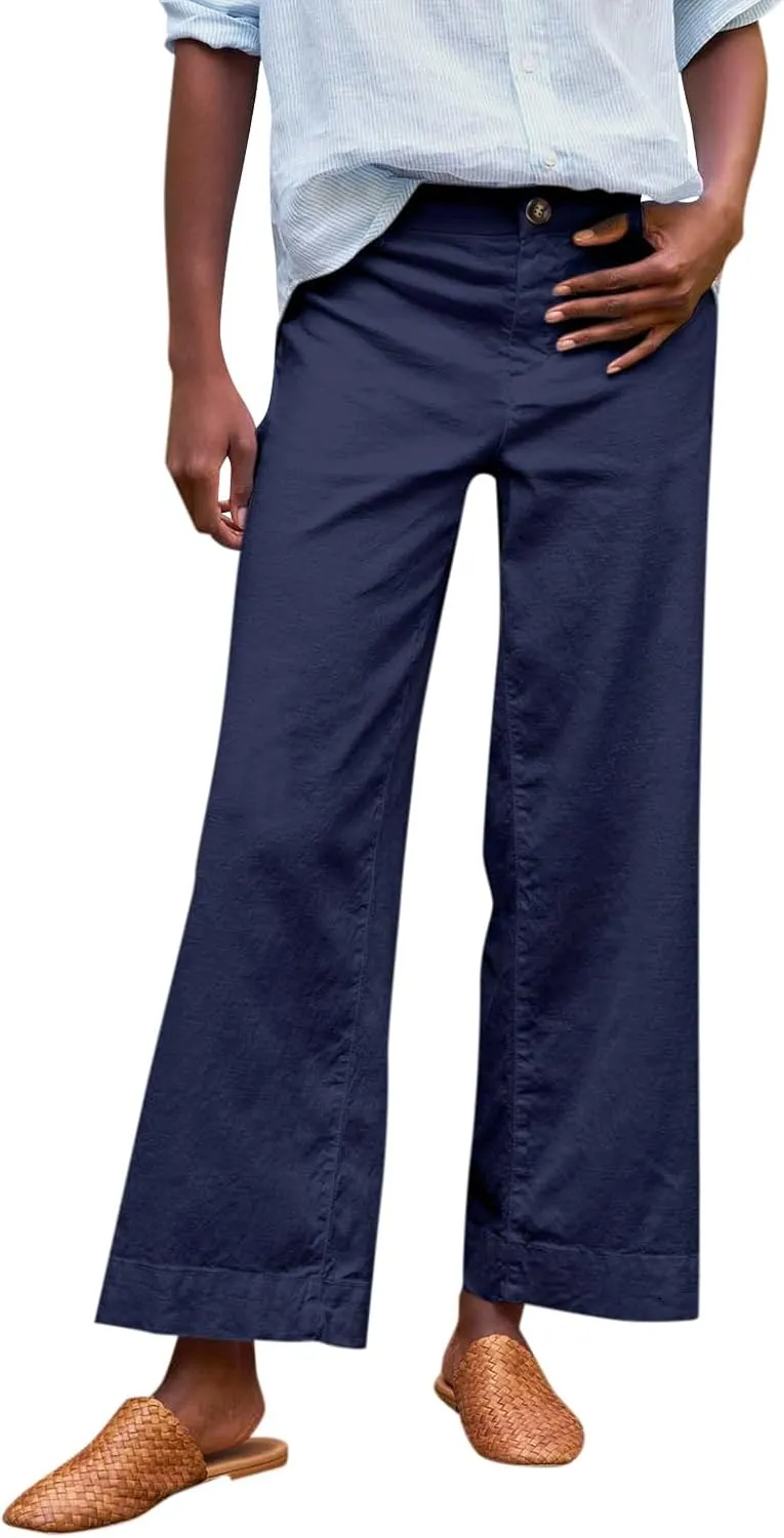 Cropped Wide Leg Pants for Women Business Casual High Waist Linen Pants Elastic Office Button Down Flare Work Trousers