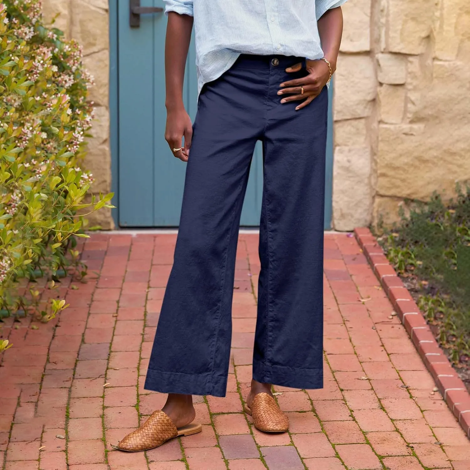 Cropped Wide Leg Pants for Women Business Casual High Waist Linen Pants Elastic Office Button Down Flare Work Trousers