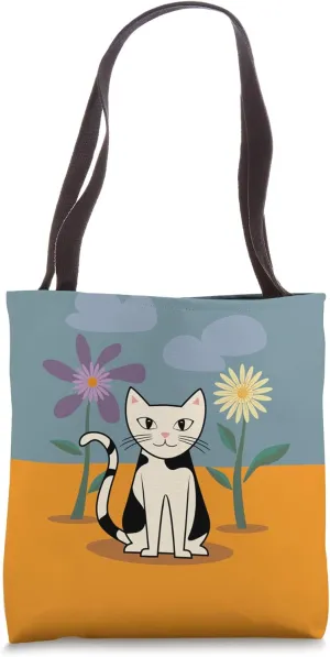 Cute black and white cat in flower garden Tote Bag