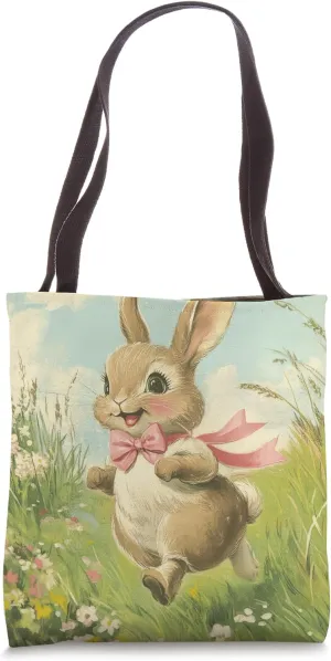 Cute Bunny in Floral Garden Illustration Vintage Farmhouse Tote Bag