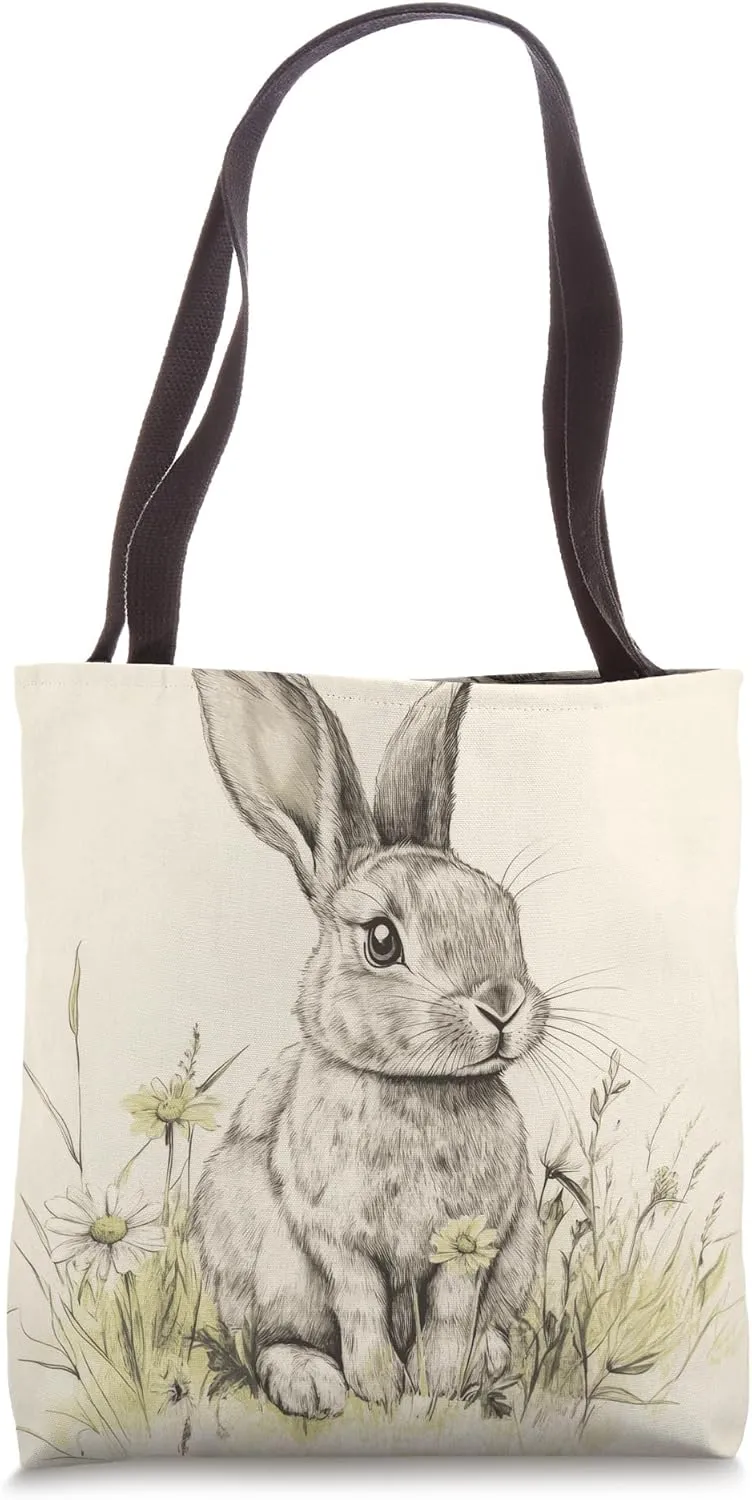 Cute Bunny in Floral Garden Illustration Vintage Farmhouse Tote Bag
