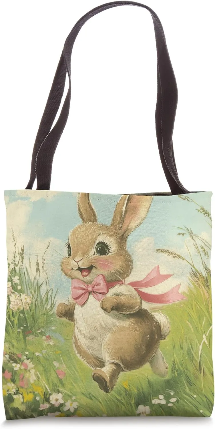 Cute Bunny in Floral Garden Illustration Vintage Farmhouse Tote Bag
