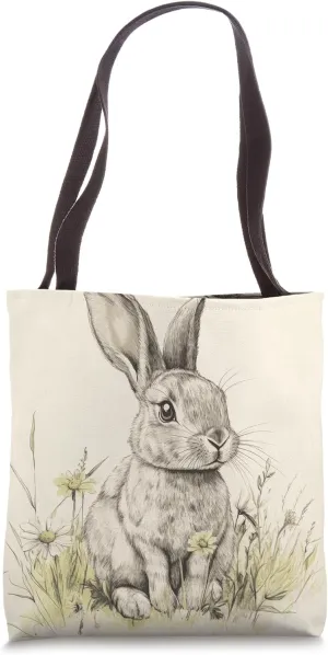 Cute Bunny in Floral Garden Illustration Vintage Farmhouse Tote Bag