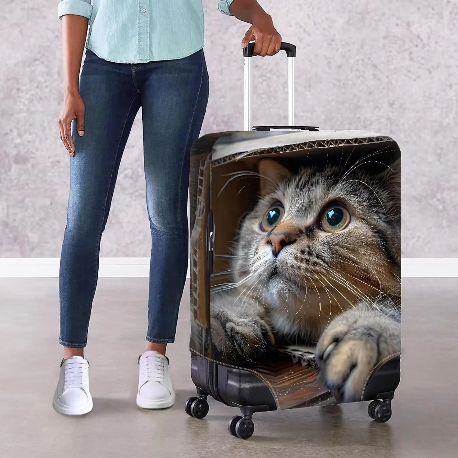 Cute Cat Print Dustproof Suitcase Cover With Concealed Zipper Cartoon Animal Kitten Pattern Baggage Cover for 18-32 Inch Suitcase Elastic Protector -S
