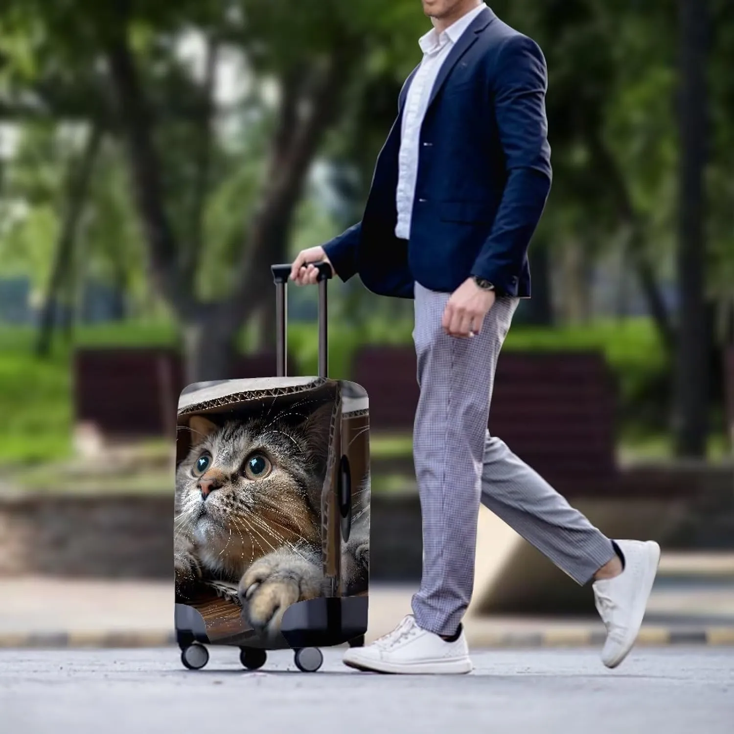 Cute Cat Print Dustproof Suitcase Cover With Concealed Zipper Cartoon Animal Kitten Pattern Baggage Cover for 18-32 Inch Suitcase Elastic Protector -S
