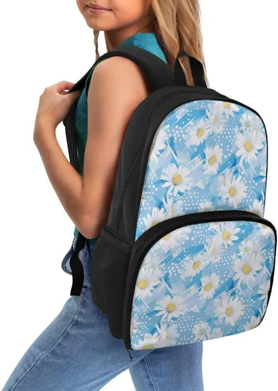 Cute Daisy Floral Large Travel Backpack for Women Men Cartoon Flower Painting 17 Inch Insulated Cooler Backpack Adult Lunch Box Bookbag, Blue