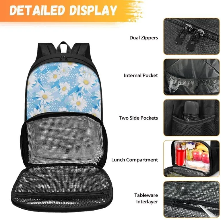 Cute Daisy Floral Large Travel Backpack for Women Men Cartoon Flower Painting 17 Inch Insulated Cooler Backpack Adult Lunch Box Bookbag, Blue