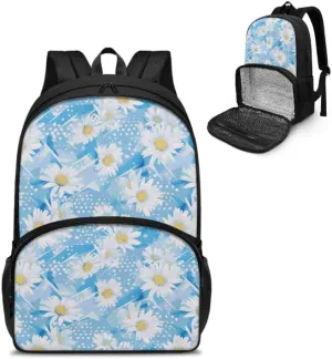 Cute Daisy Floral Large Travel Backpack for Women Men Cartoon Flower Painting 17 Inch Insulated Cooler Backpack Adult Lunch Box Bookbag, Blue