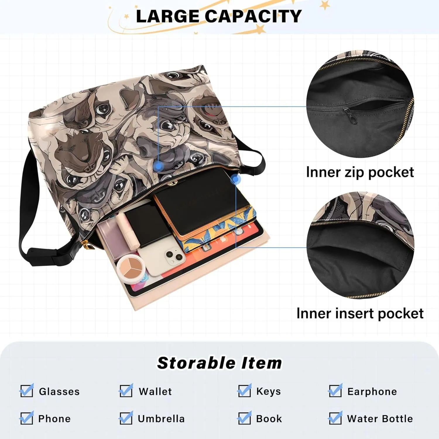 Cute Dog Bulldog PU Leather Hobo Purse Women's Large Purse Luxury Animal Print Simple Shoulder Bag