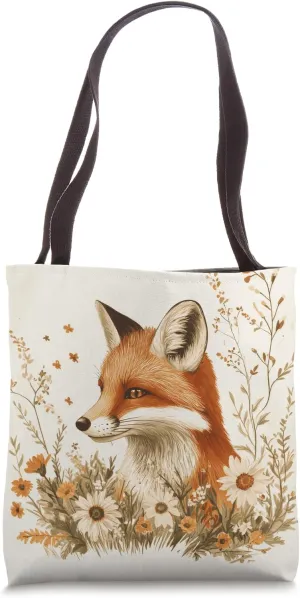 Cute Fox in Floral Garden Illustration Vintage Farmhouse Tote Bag