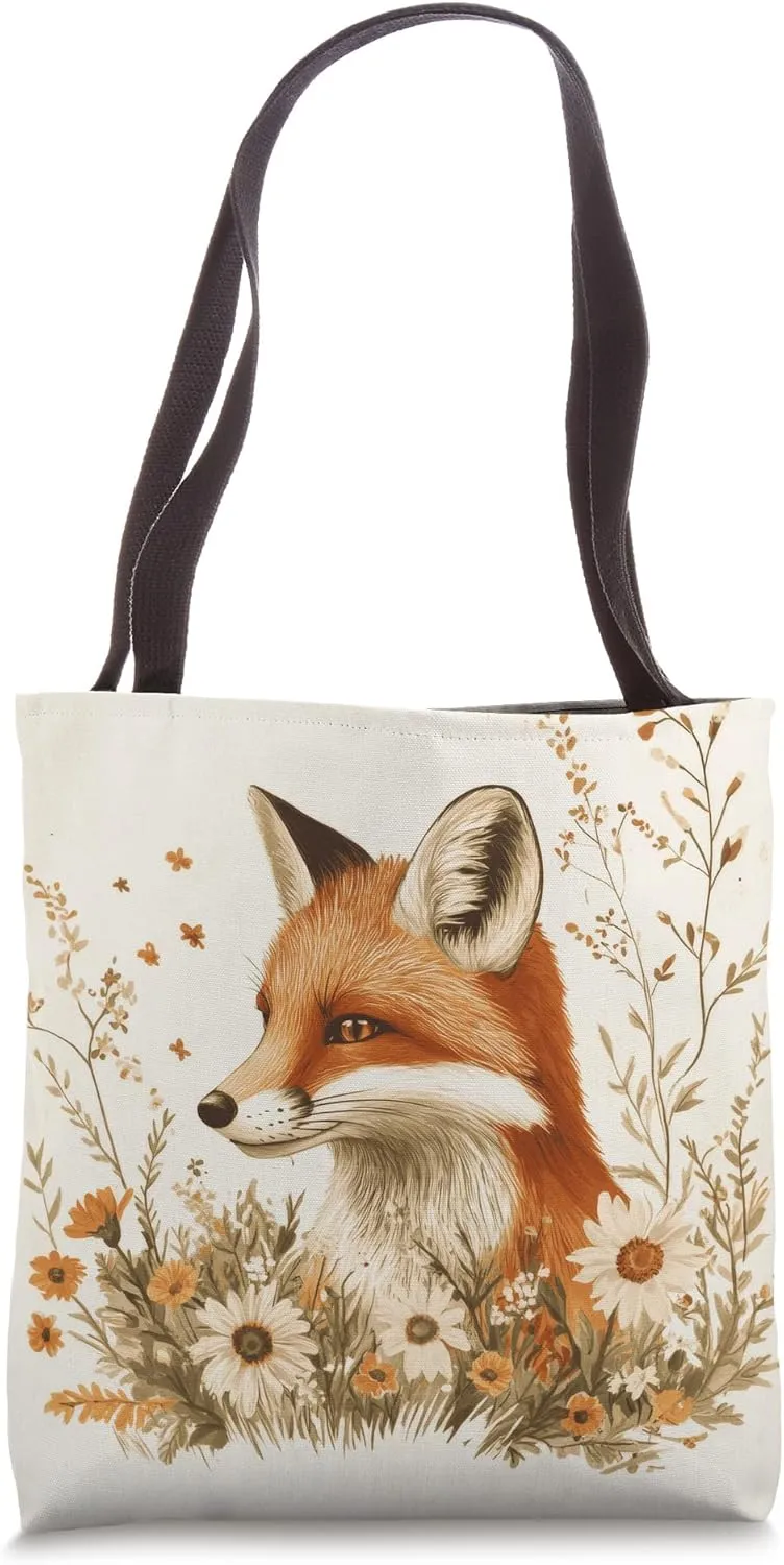 Cute Fox in Floral Garden Illustration Vintage Farmhouse Tote Bag