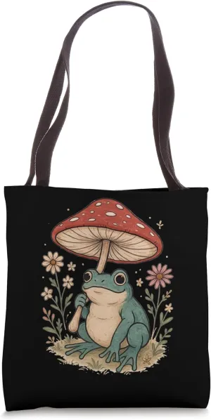 Cute Frog Cottagecore Floral Mushroom Toad Tote Bag