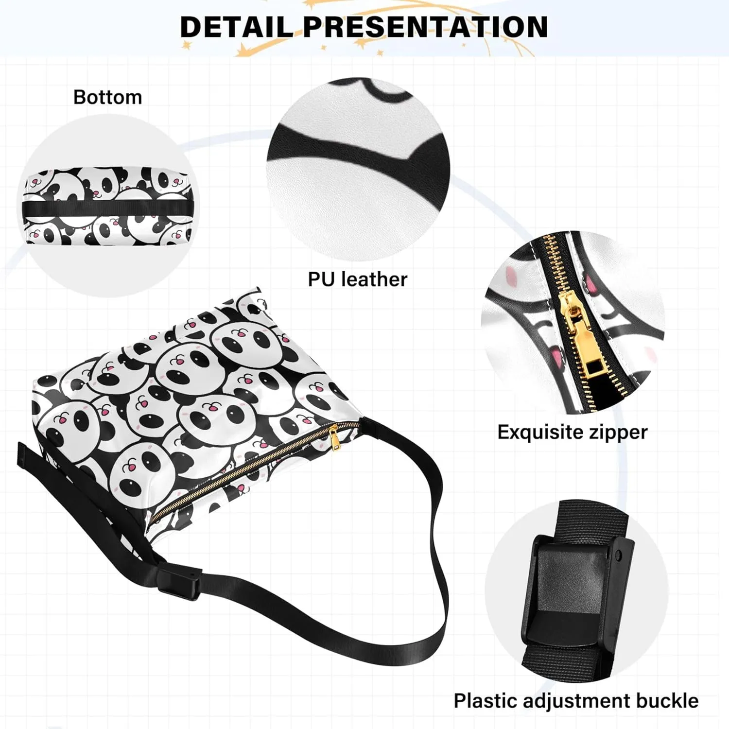Cute Panda Bear Black White Women PU Leather Hobo Bag Large Womens Purse Colorful Animal Print Shoulder Bag Purse