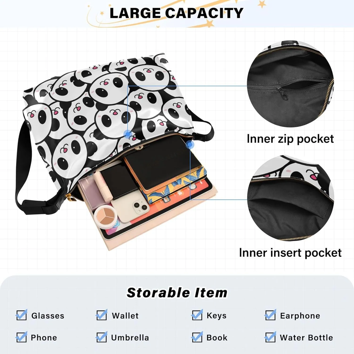 Cute Panda Bear Black White Women PU Leather Hobo Bag Large Womens Purse Colorful Animal Print Shoulder Bag Purse